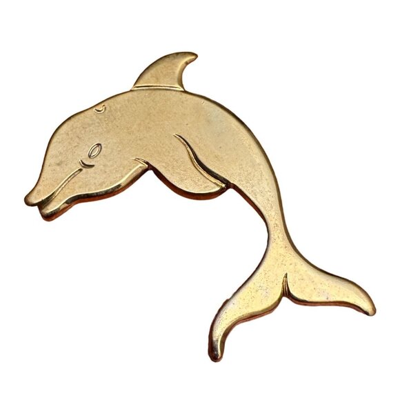 Vintage Gold Tone Dolphin Shaped Pin Brooch Cute Animal Jewelry Accessory - Picture 1 of 7
